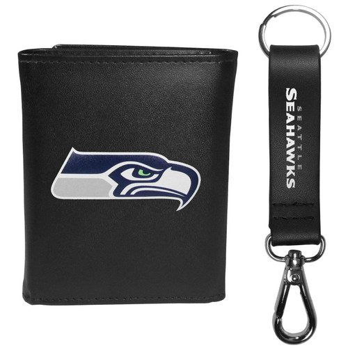 Seattle Seahawks Leather Tri-fold Wallet & Strap Key Chain