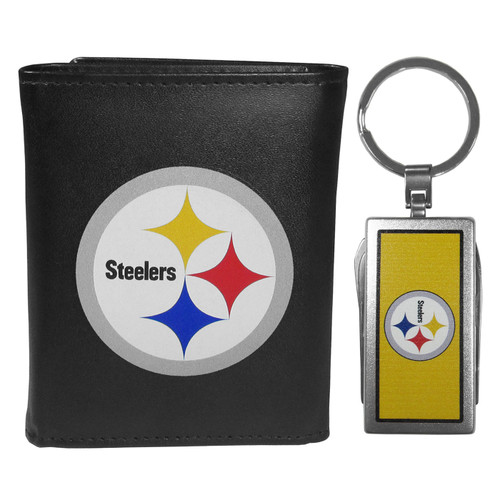 Pittsburgh Steelers Black Leather Tri-fold Wallet & Multitool Key Chain