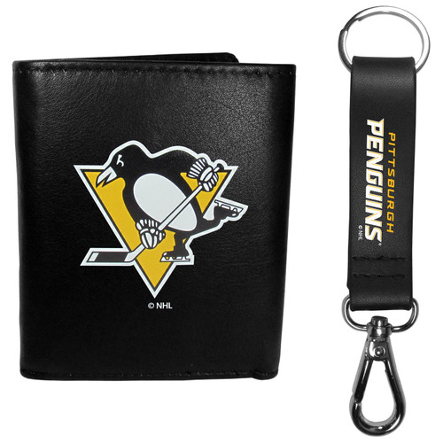 Pittsburgh Penguins Leather Tri Fold Wallet Strap Key Chain