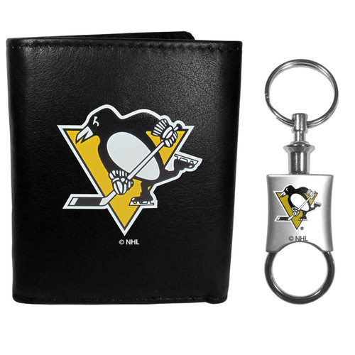 Pittsburgh Penguins Leather Tri Fold Wallet Valet Key Chain