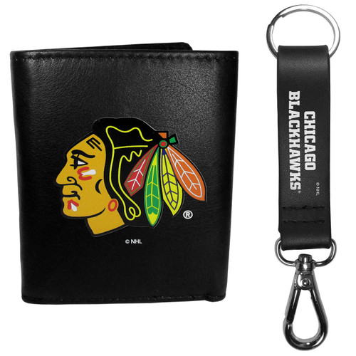 Chicago Blackhawks Leather Tri Fold Wallet Strap Key Chain