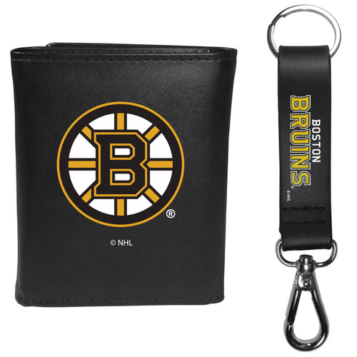 Boston Bruins Leather Tri Fold Wallet Strap Key Chain