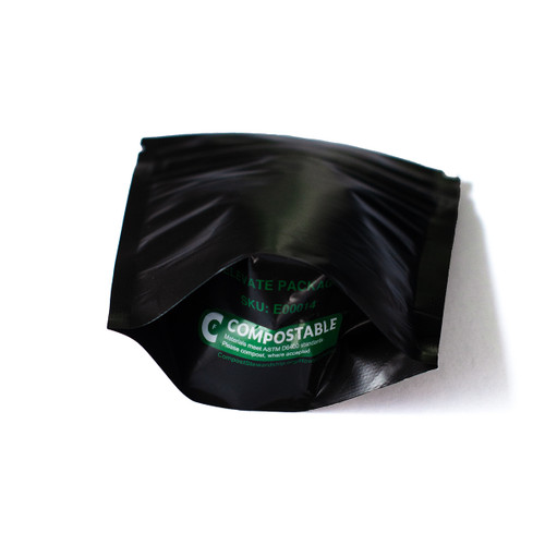 Black Matte Compostable Pouch with Child Resistant Zipper - Pre-Printed CSI Compostability Symbol