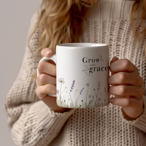 A beautifully designed mug with a gentle reminder to grow with grace. Perfect for garden lovers, plant parents, or anyone who finds peace in slow living and morning coffee.