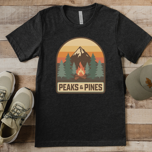 Peaks & Pines Retro Camping Tee – Unisex Outdoor Adventure Shirt, Mountain & Campfire Graphic, Nature Lover Gift