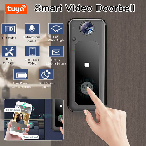 Smart Video Stream Doorbell with Real-Time Streaming Tuya WIFI Wireless Smart Doorbell Camera with 125° Wide Angle Visual Indoor Chime HD Video Night Vision