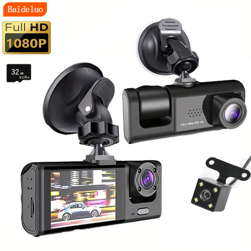 Front and Inside Dash Cam 3 Channel 1080P Dual camera for cars car camera with IR Night Vision, Loop Recording, wide angle Car DVR Cameras