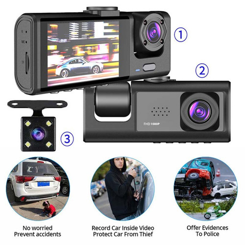 Front and Inside Dash Cam 3 Channel 1080P Dual camera for cars car camera with IR Night Vision, Loop Recording, wide angle Car DVR Cameras
