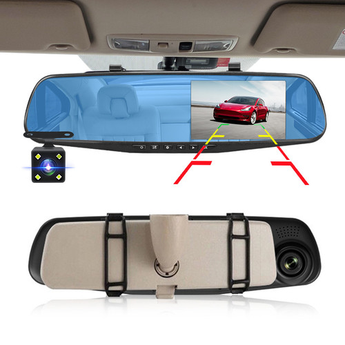 Car Rearview Mirror Dashcam 4.3 Inch 1080P Night Vision Camera Dual Lens DVR  Rearview Mirror Dashcam Car Dvr Dash Camera Car Video Recorder Auto Bluck Box Motion Detector