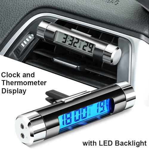 Car Thermometer Clock Display Portable 2 in 1 Car Digital LCD Clock Temperature Display Electronic Clock Thermometer Car Automotive Blue Backlight With Clip