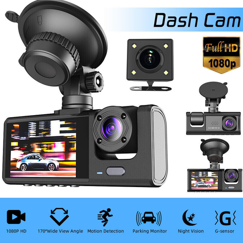 Front and Inside Dash Cam 3 Channel 1080P Dual camera for cars car camera with IR Night Vision, Loop Recording, wide angle Car DVR Cameras