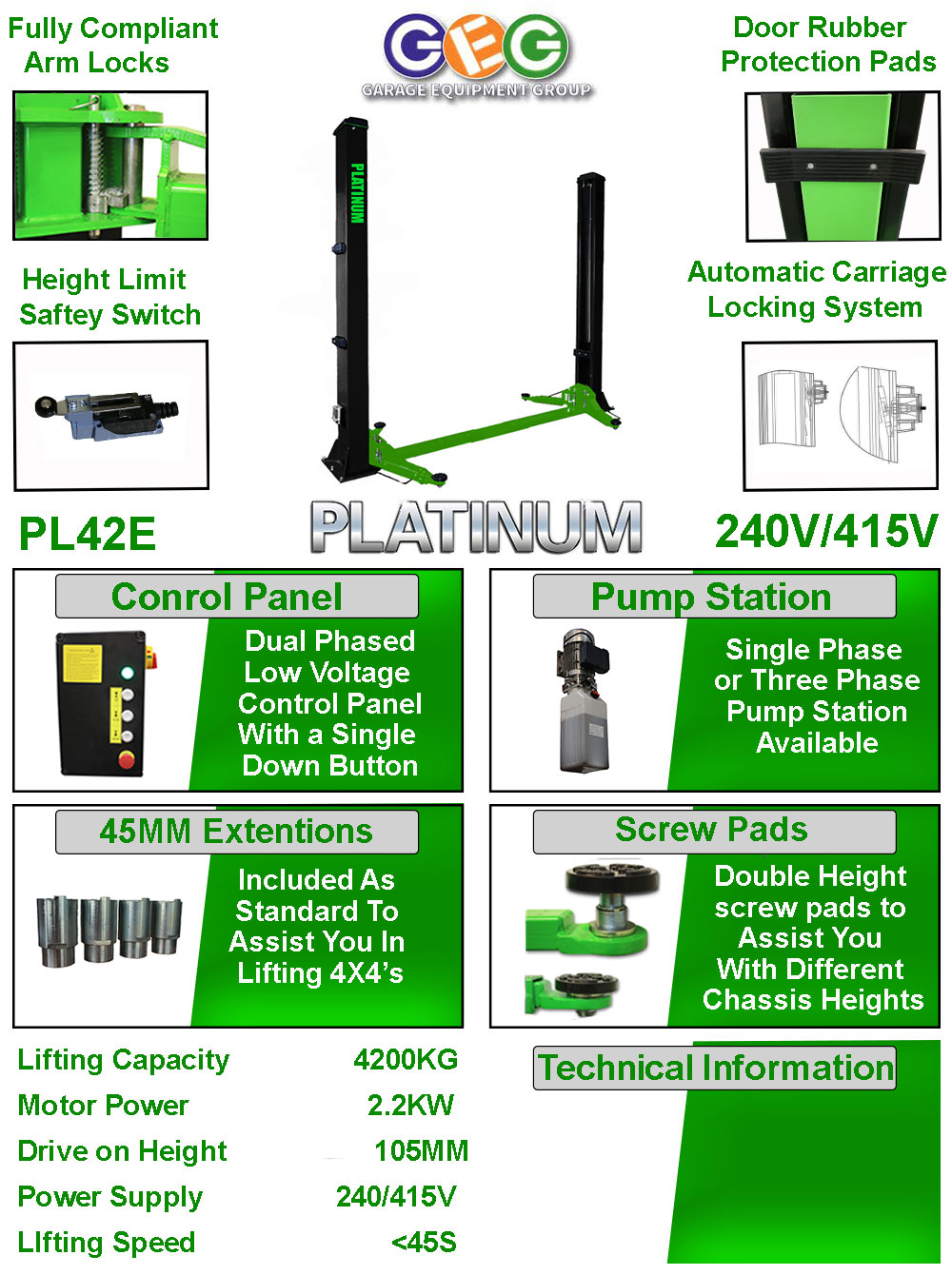 information flyer for Platinum 42E 2 post lift