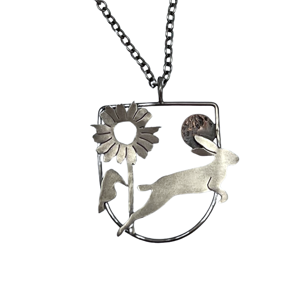 Necklace - Rabbit and Sunflower with Moon