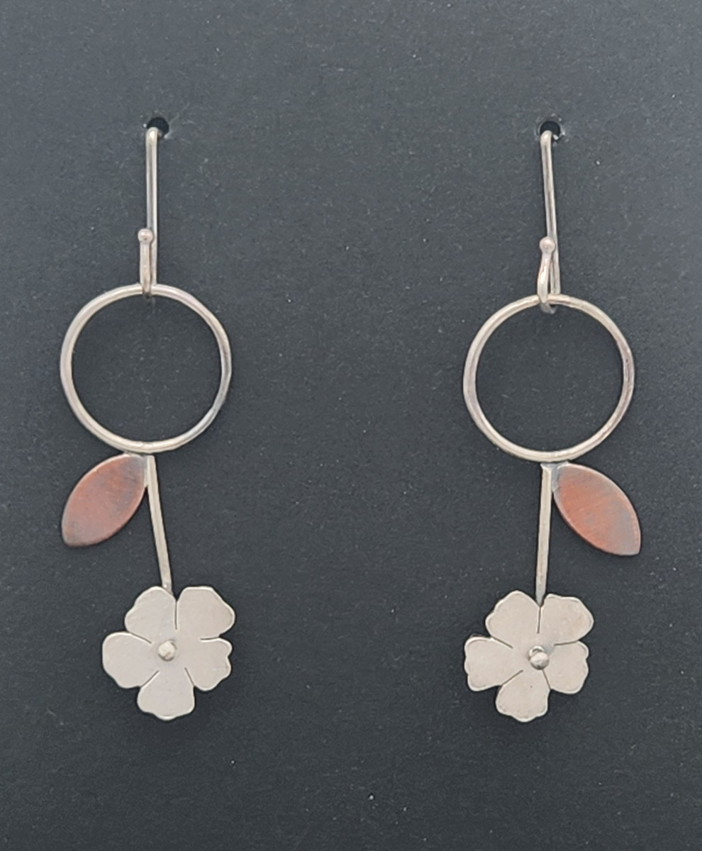 Earrings - Silver Flower Stems with Copper Leaves