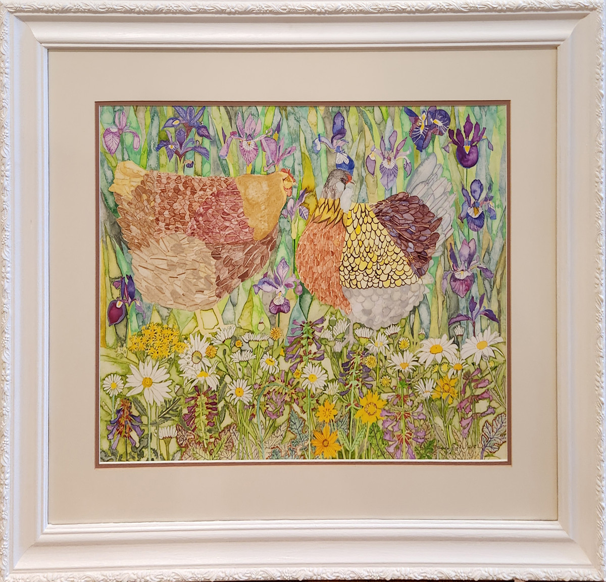 Summertime Chickens in Iris & Daisies