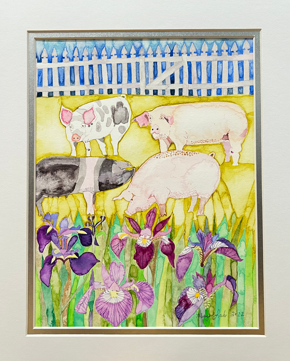 Pigs Bordered by Blue Flag Iris