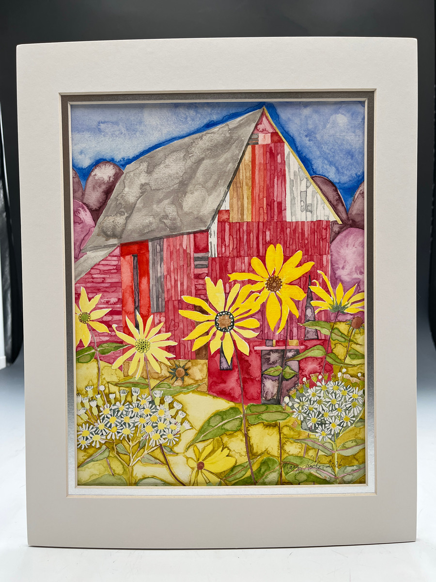 Red Barn with Woodland Sunflowers and Flat-Topped Asters