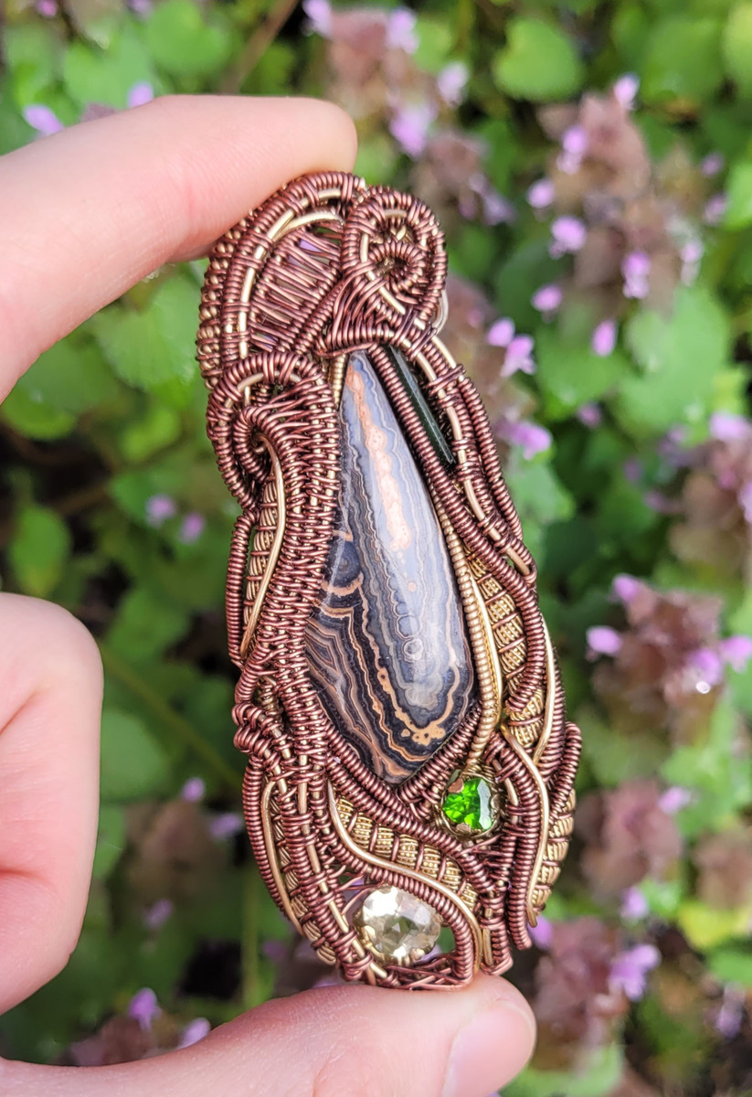Pendant - Flowering Tube Onyx, Citrine, Tsavorite Garnet, Brass/Copper, Tourmaline