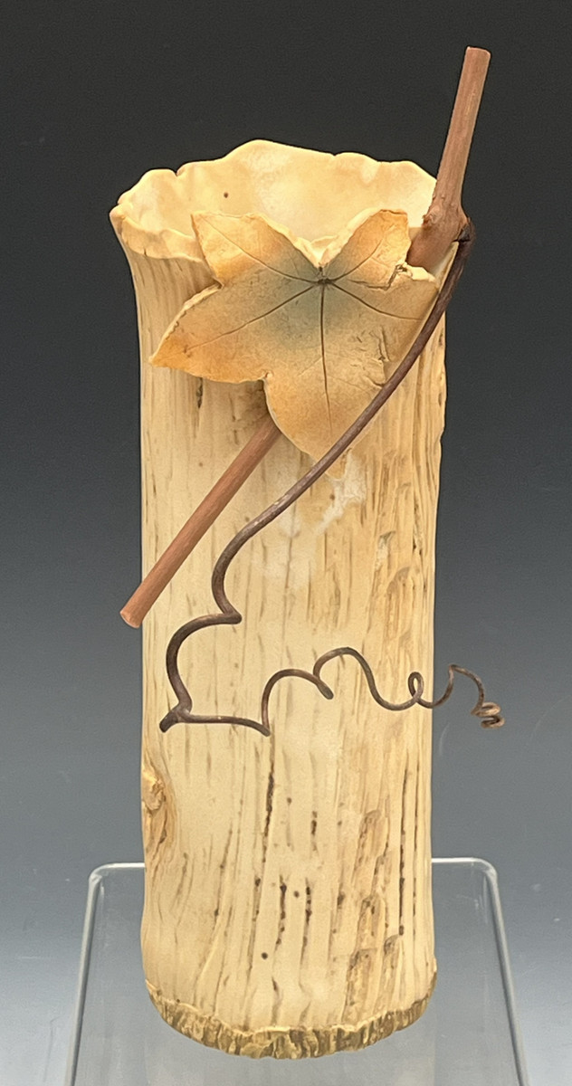 98 - Twig & Leaf Vase, Textured bark, 1 Leaf