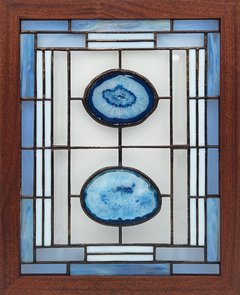Two Blue Agate Slices - Sapele Wood Frame