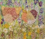 Summertime Chickens in Iris & Daisies