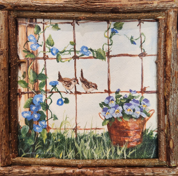 Sparrow with Morning Glories