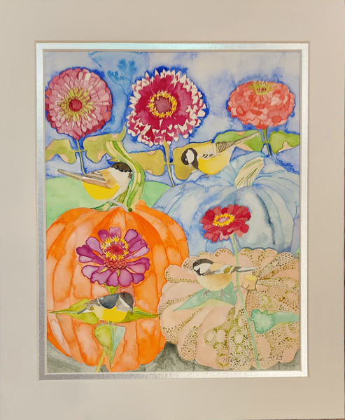 Pumpkins, Zinnias and Gold Finch