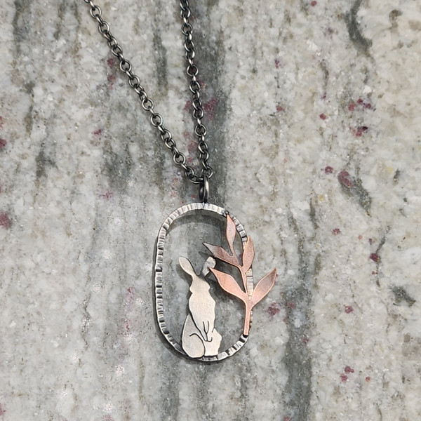 Necklace - Standing Rabbit with Leaf Branch