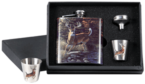 Rivers Edge Pocket Flask W/2- - Shot Glasses Whitetail Deer