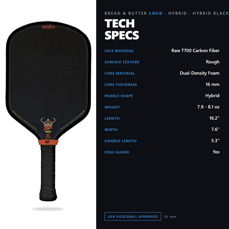 Bread & Butter Loco 16mm Pickleball Paddle - Hybrid Black