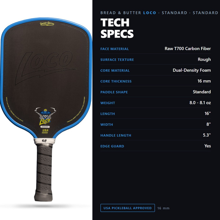 Bread & Butter Loco 16mm Pickleball Paddle - Standard Azul