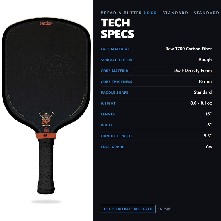 Bread & Butter Loco 16mm Pickleball Paddle - Standard Black