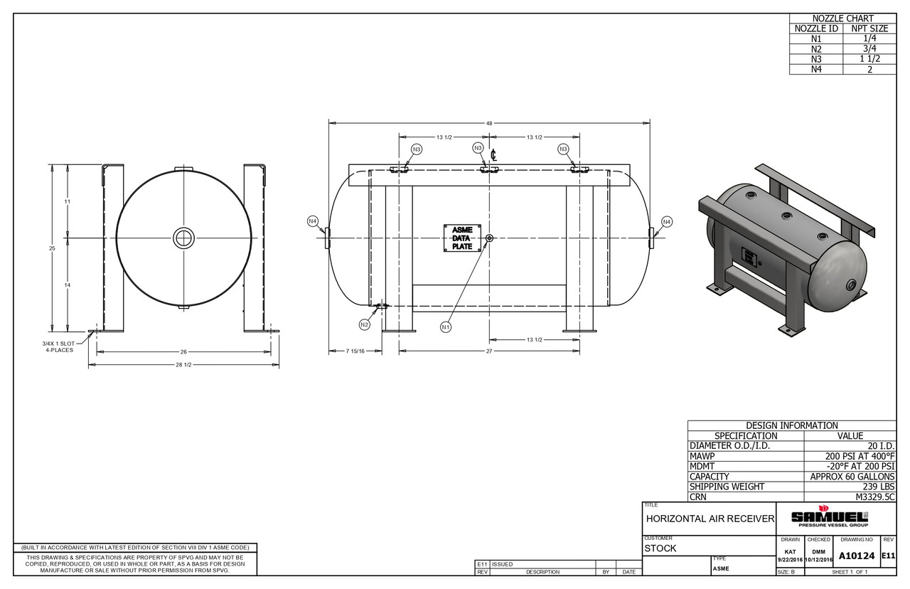 Samuels A10124 60 Gallon Horizontal Air Receiver Tank (20X48, 200 PSI)