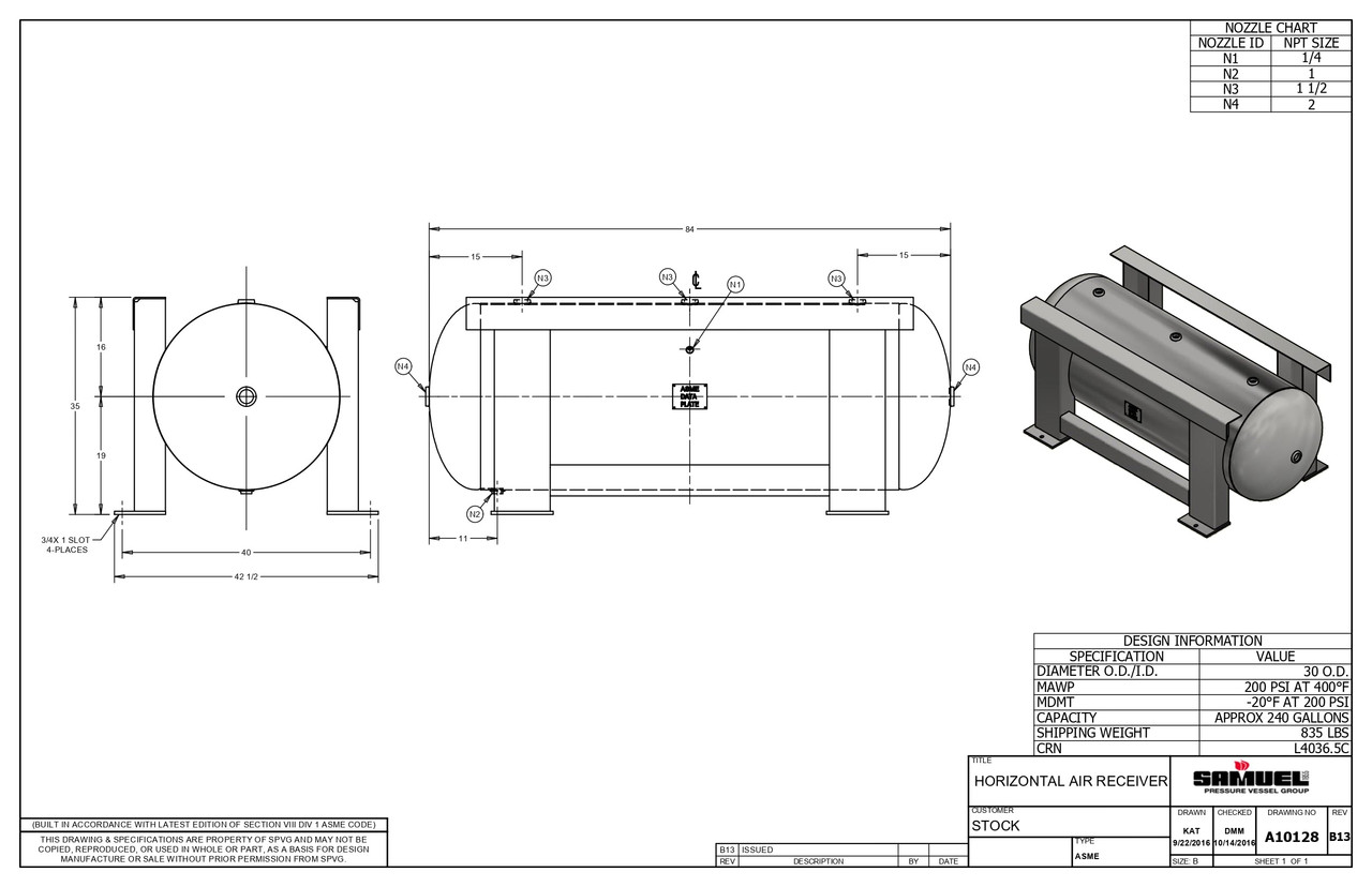 Samuels A10128 240 Gallon Horizontal Air Receiver Tank (30X84, 200 PSI)