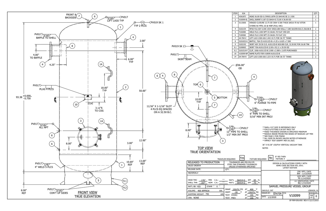 Samuels V10099 400 Gallon Vertical Air Receiver Tank (36X96, 150 PSI)