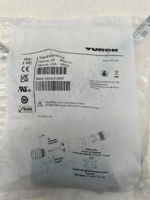 Turck Female Field Wirable 5 Pin Connector P/N B4151-0/13.5, label with part number