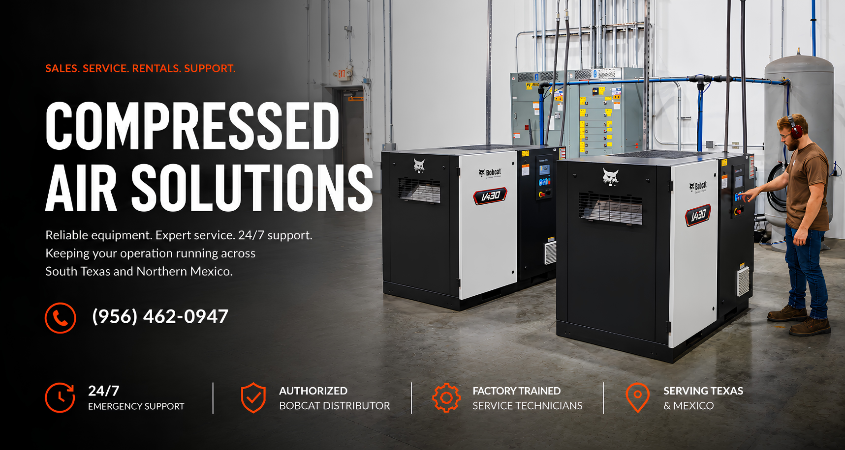 ProParts provides industrial air compressors, compressed air systems, air compressor sales, rentals, service, maintenance, repairs, preventative maintenance agreements, compressed air equipment, rotary screw compressors, refrigerated air dryers, desiccant air dryers, in-line filters, mist eliminator filters, nitrogen generators, condensate management systems, drain valves, oil water separators, industrial filtration systems, compressor installations, compressed air energy audits, industrial compressor parts, 24/7 emergency air compressor service, factory trained technicians, air compressor troubleshooting, industrial equipment repair, compressed air efficiency analysis, and industrial compressor rentals across South Texas and Northern Mexico. We proudly supply and support leading brands including Bobcat Industrial Air, Mikropor, and Zeks Compressed Air Solutions for manufacturing plants, automotive facilities, commercial operations, industrial workshops, production facilities, and industrial businesses throughout the Rio Grande Valley, Reynosa, Monterrey, and surrounding areas.