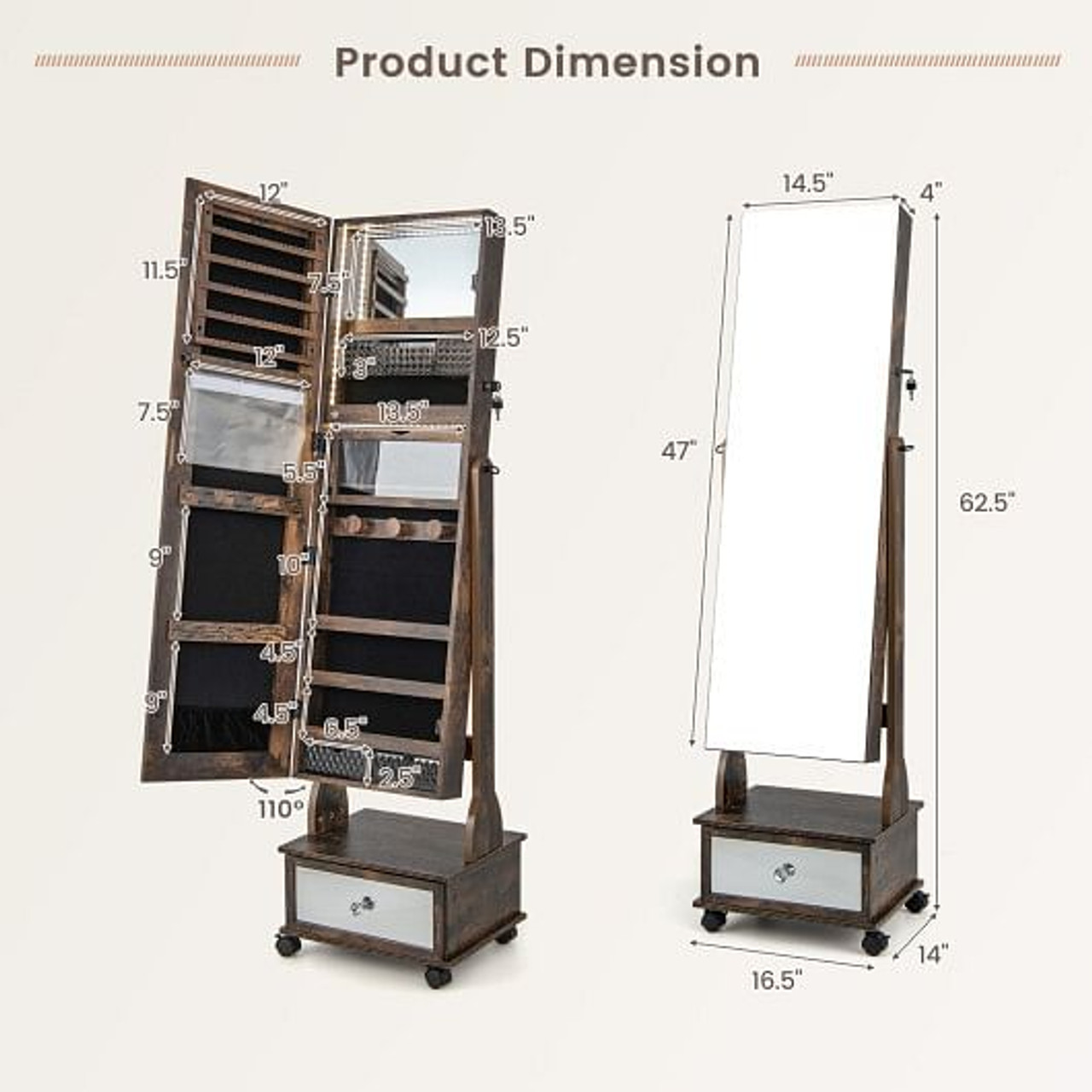 47 Inch Lockable Jewelry Cabinet Armoire with 3-Color LED Lights-Brown B593-JV11233