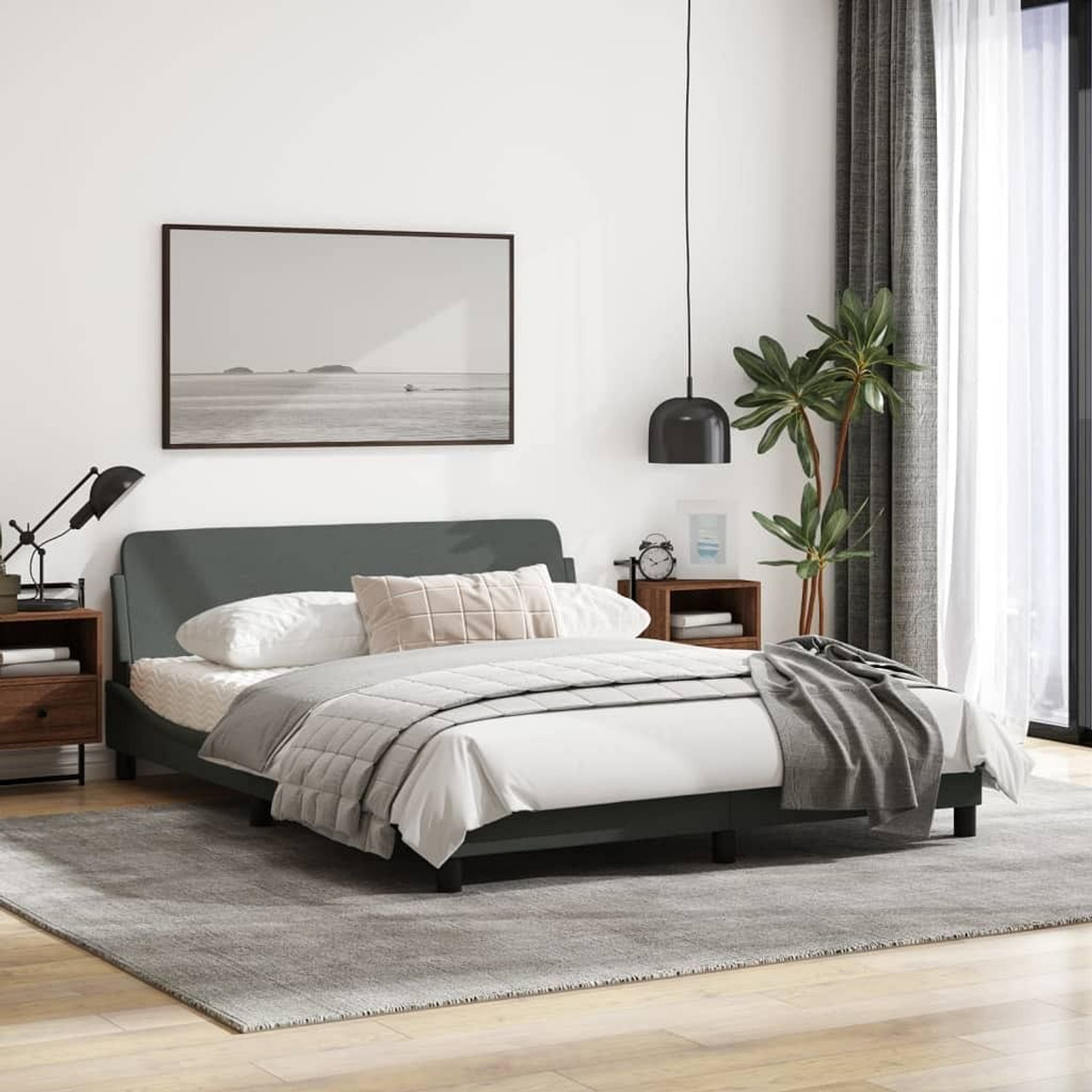  Bed Frame Dark Gray Polyester Fabric, Metal, Solid Pine Wood, Plywood
