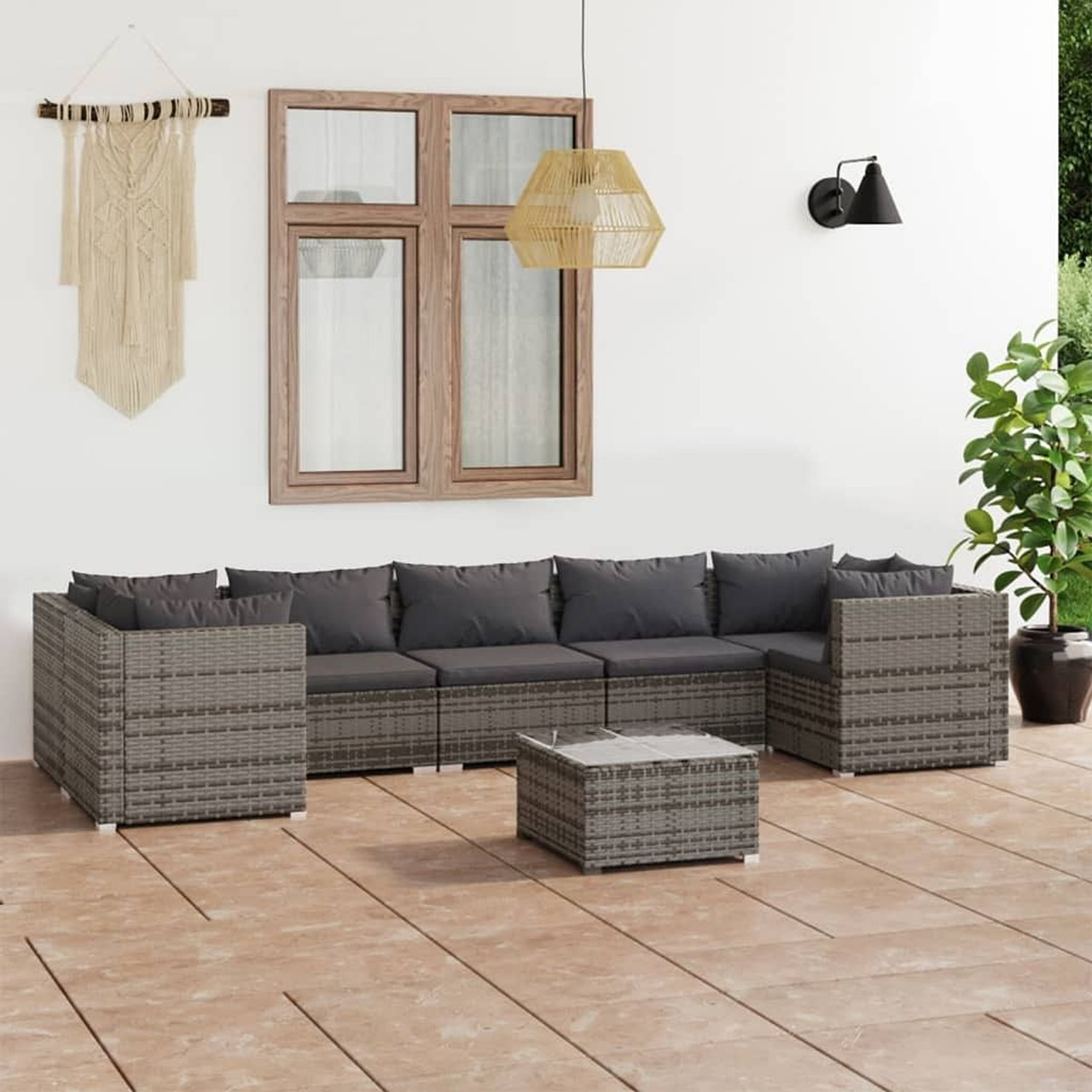  Garden Lounge Set Grey PE rattan, powder-coated steel, plastic, glass