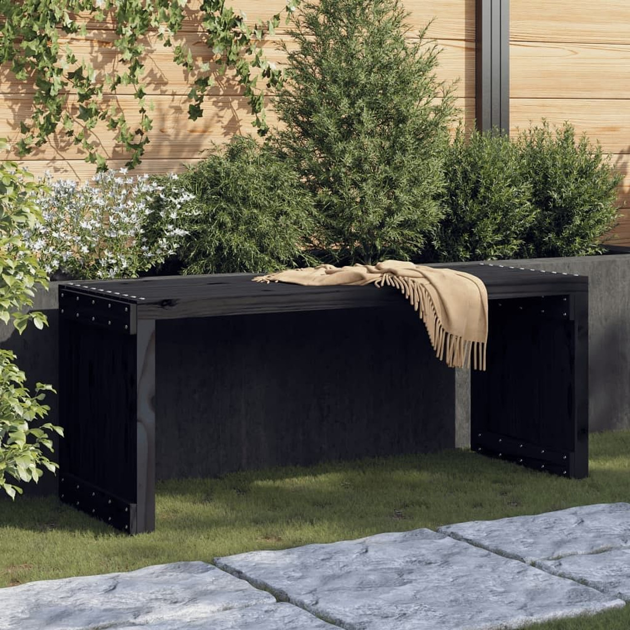  Garden Bench Black Solid pine wood Large Extendable