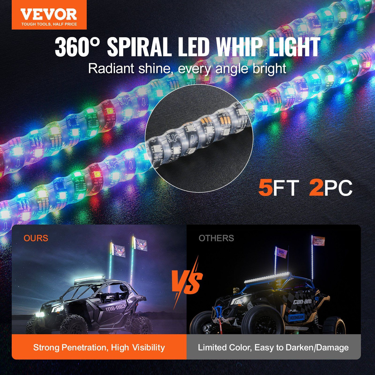 VEVOR 2 PCS 5 FT Whip Light, APP & RF Remote Control Led Whip Light, Waterproof 360° Spiral RGB Chasing Lighted Whips with 4 Flags, for UTVs, ATVs, Motorcycles, RZR, Can-am, Trucks, Off-road, Go-karts