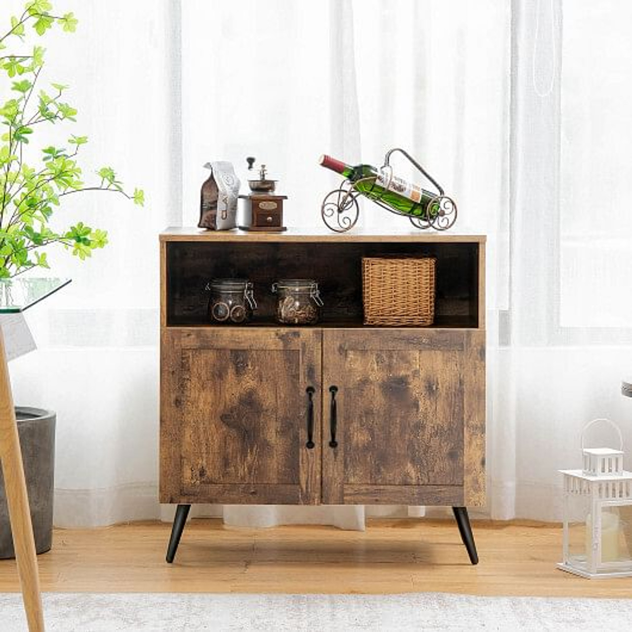 Mid-century Wooden Storage Cabinet Wine Glass Holders-Rustic Brown - Color: Rustic Brown D681-HV10126CF