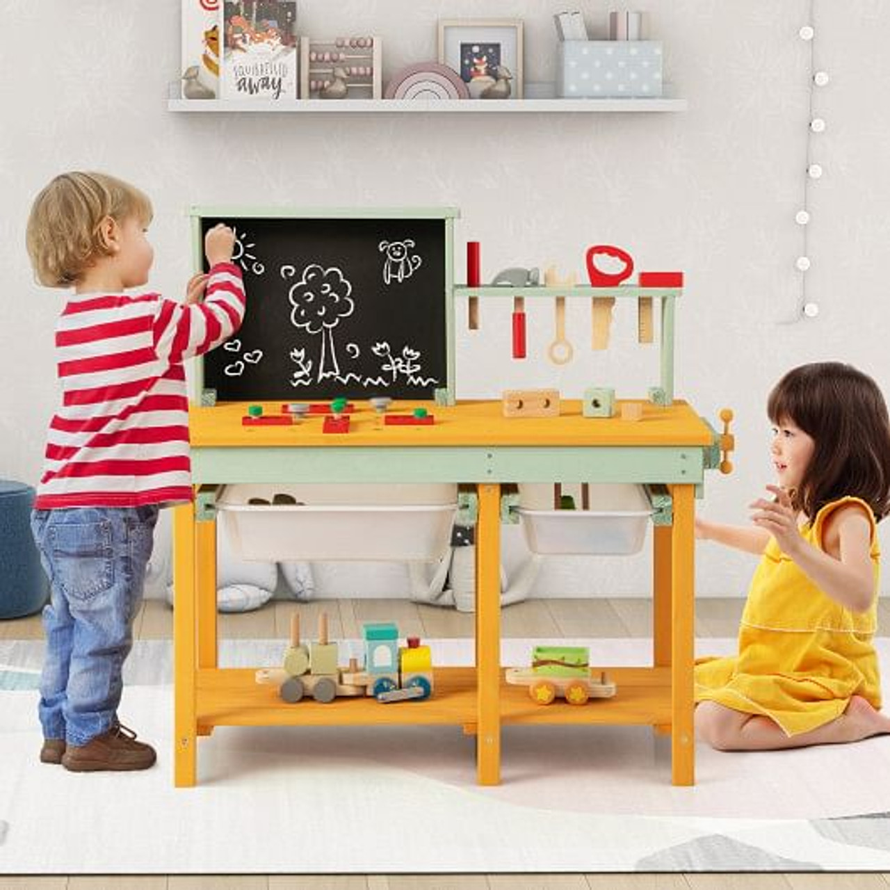 Kids Wooden Toy Workbench with Storage Space and Blackboard B593-TP10201