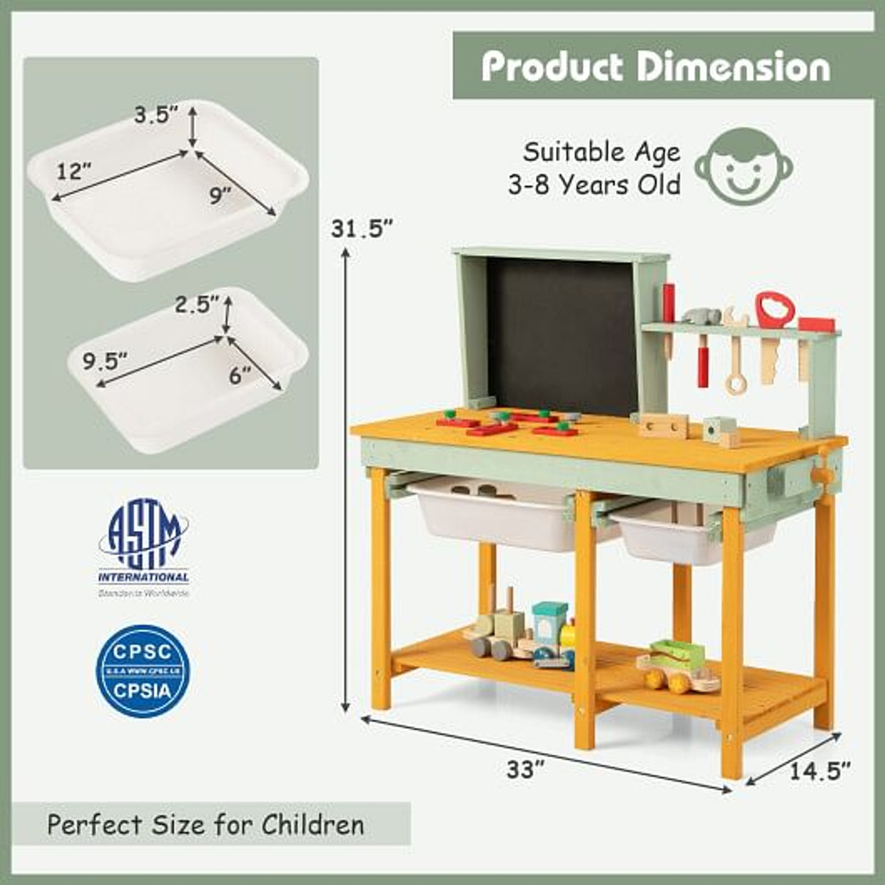 Kids Wooden Toy Workbench with Storage Space and Blackboard B593-TP10201