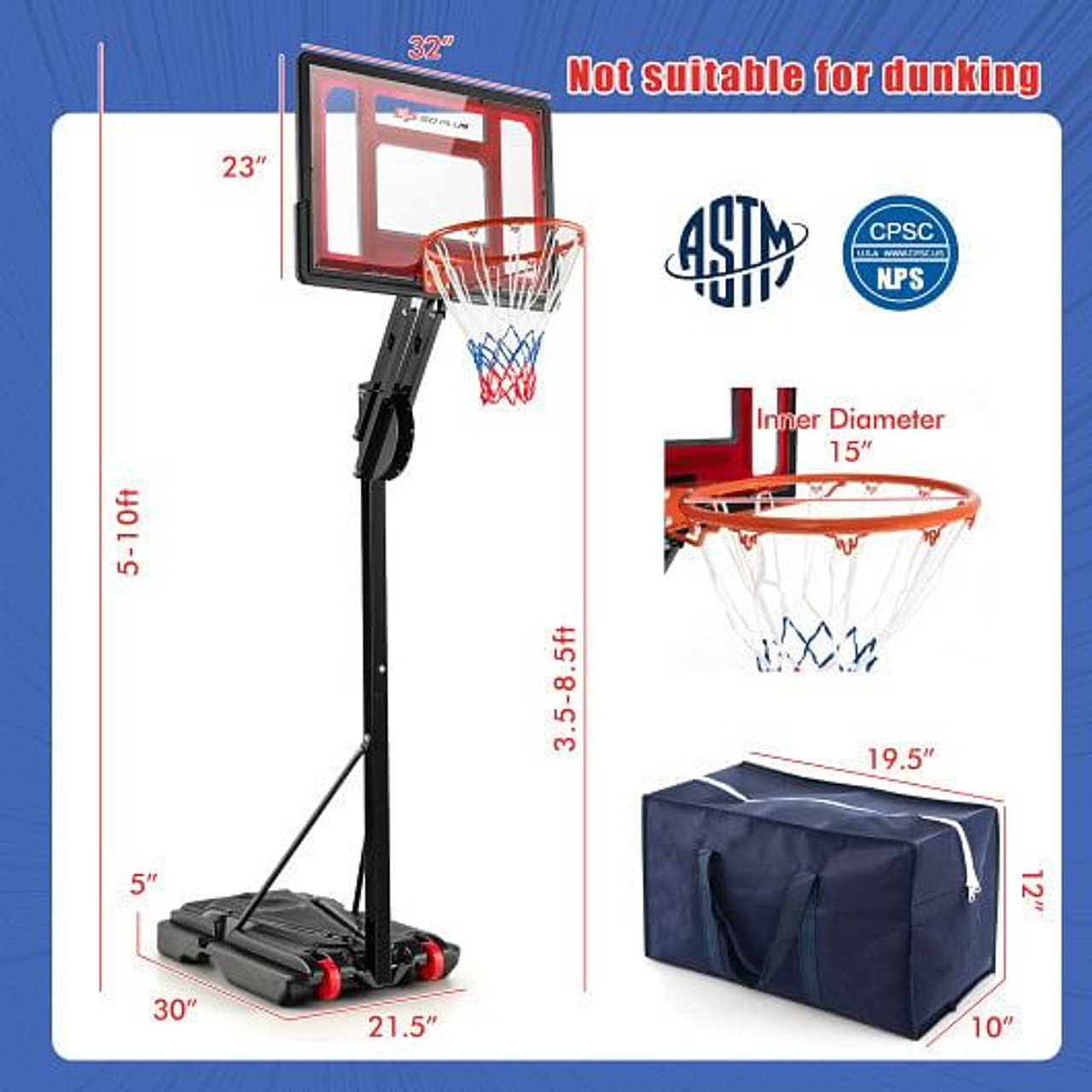 Basketball Hoop with 5-10 Feet Adjustable Height for Indoor Outdoor - Color: Black D681-SP37908