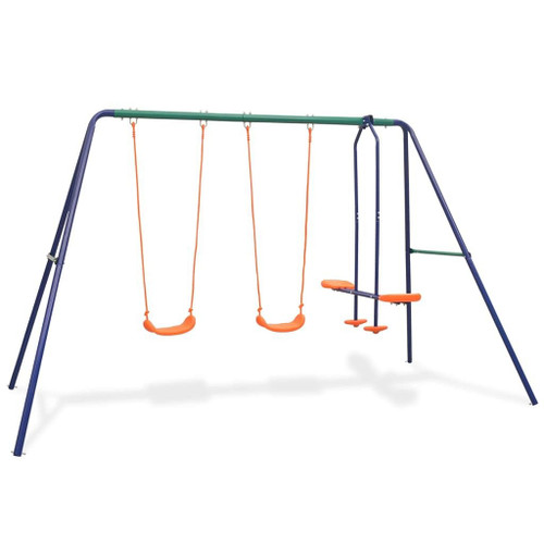  Swing Set Blue Steel and Plastic Ages 3-10 Durable Swing Set