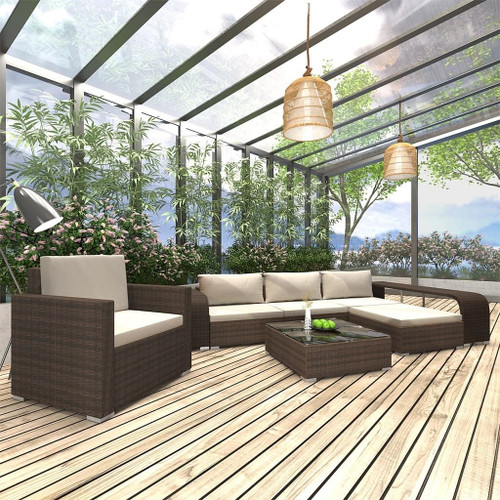 Patio Sofa Set of 8 Brown Rattan and Cream White Cushion
