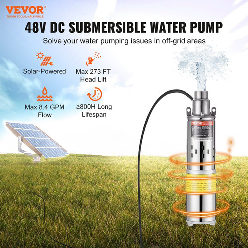 Solar Water Pump, 48V DC 369W Submersible Deep Well Pump, Max Flow 8.4 GPM, Max Head 273 ft, Max Su