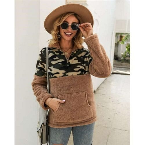 Camouflage Prints Jointed Design High Fashion Hooded Long Sleeves Women Top - Khaki A392-fast0096